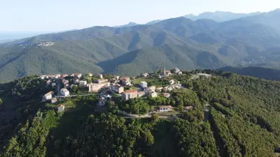 an aerial view of a house on a mountain at A Casetta in Prunelli-di-Fiumorbo