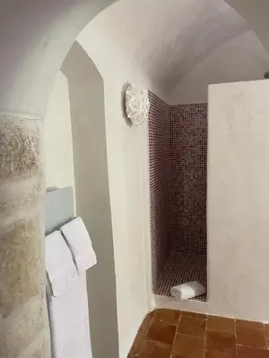 a bathroom with a shower with a red tile wall at Domaine du Couvent de Saint Julien in Bonifacio