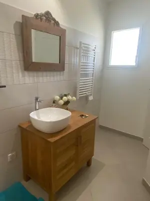 a bathroom with a white sink and a mirror at A Pineta Corsa in Pietrosella