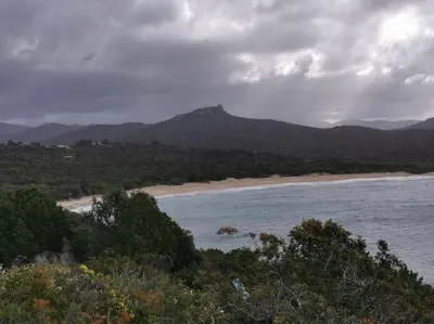 a view of a beach with mountains in the distance at Tizzano, villa vue mer avec piscine in Sartène