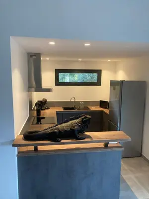a kitchen with a table with a sculpture on it at Villa 4 personnes - 2 chambres - Figari in Figari