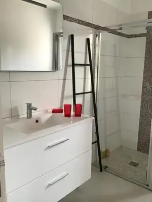 a bathroom with a sink and a shower with a mirror at VILLA MYRTE A CIRINDINU in Cirendinu
