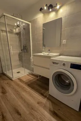 a bathroom with a washing machine and a sink at Fiori Di Cala Rossa, Établissement CARDOGA Piscine, Mer & Montagne in Lecci