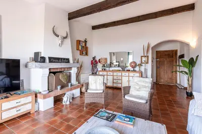 a living room with a couch and a fireplace at Terra Di Sole - Vue mer et montagne in Grosseto-Prugna