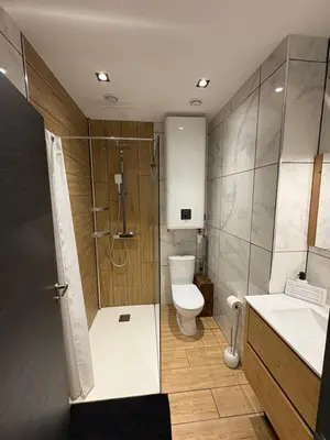 a bathroom with a toilet and a shower and a sink at T3 - 100m du port in Propriano