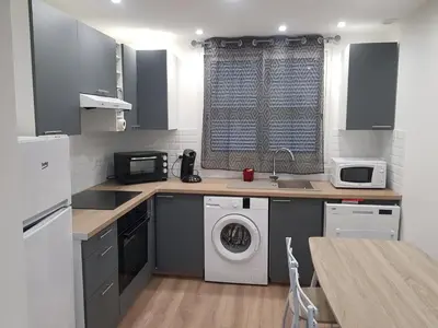 a small kitchen with a washer and dryer in it at Maison T2 500m de la plage in Poggio-Mezzana