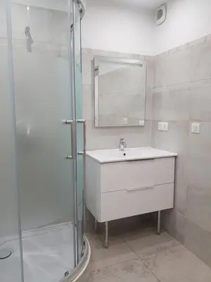 a bathroom with a sink and a glass shower at Maison T2 500m de la plage in Poggio-Mezzana