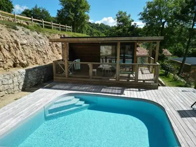 a swimming pool in front of a house with a cabin at Chalet U Pinu in Venaco