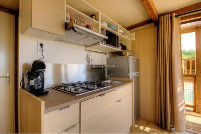 a small kitchen with a stove and a refrigerator at Chalet U Pinu in Venaco