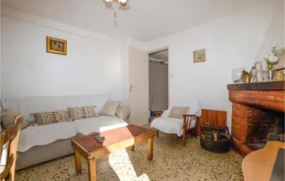 a living room with a couch and a fireplace at Awesome Home In San-Gavino Di Carbini in San-Gavino-di-Carbini