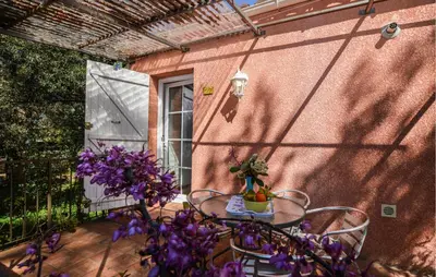 a table with purple flowers on a patio at Cozy Home In Piscia Rossa With Wifi in Afa