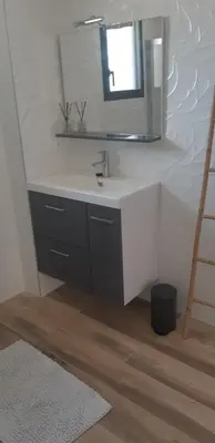 a bathroom with a sink and a mirror at Maison proche de la mer in Pianottoli-Caldarello