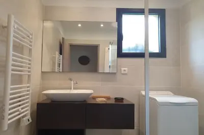a bathroom with a sink and a mirror at U Caseddu di a Castagna Maison en pierre La Castagna Coti Chiavari in Coti-Chiavari