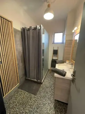 a bathroom with a shower and a sink at Le bord de mer in Propriano