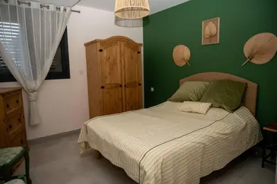 a bedroom with a bed with a green wall at Rez de maison neuve Piscine WiFi Poolhouse en Pierre in Penta-di-Casinca