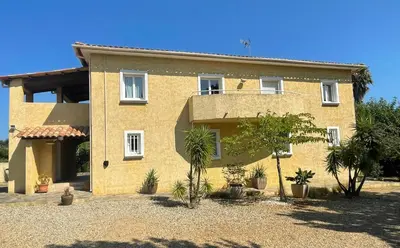 a large yellow house with plants in front of it at Rez de chaussez de villa 4 personnes mer in Sorbo-Ocagnano