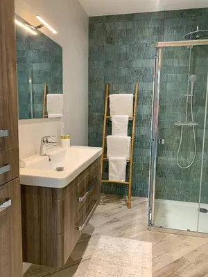 a bathroom with a sink and a shower at PORTICCIO Maison vue mer in Porticcio