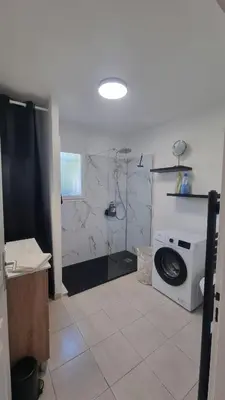 a bathroom with a shower and a washing machine at Corse Villa bord de mer in Cervione