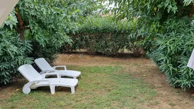two white benches sitting in a yard with trees at Corse Villa bord de mer in Cervione