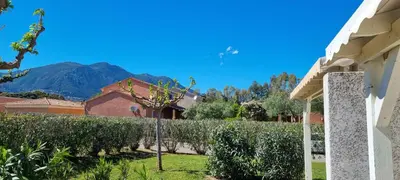 a vineyard in front of a house with mountains in the background at Corse Villa bord de mer in Cervione