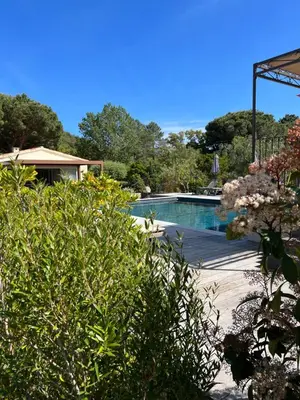 a swimming pool in a garden with flowers at Hotel les jardins Sta Giulia avec piscine in Porto-Vecchio