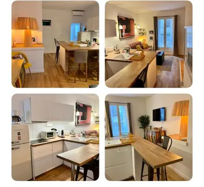 four pictures of a kitchen and a living room at Joyau au cœur de la vieille ville de Bonifacio in Bonifacio