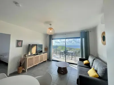 a living room with a couch and a large window at Appartement Tour d'Omigna Cargèse in Cargèse