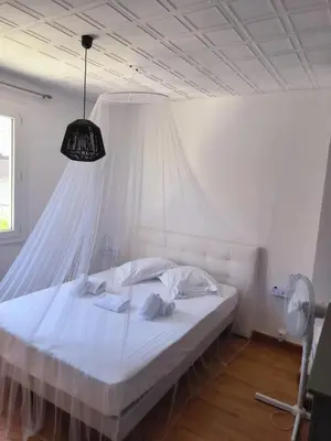 a bedroom with a white bed with a ceiling at Maison chaleureuse à Ajaccio avec vue sur le jardin in Ajaccio