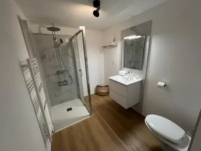 a bathroom with a shower and a toilet and a sink at T2 Neuf à 800 m de la plage de Cala Rossa appart n 80 in Lecci