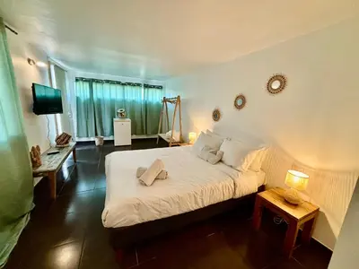 a bedroom with a bed and a television in it at La vie en rose in Coti-Chiavari