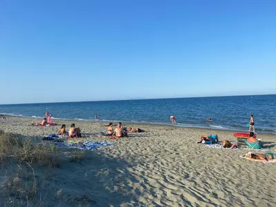a group of people laying on the beach at Appartement T3 bord de mer résidence Aqualinda E55 in Poggio-Mezzana