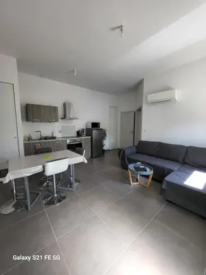a living room with a couch and a table at T2 bord de mer in Albitreccia