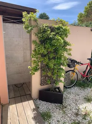 a bike parked next to a wall with a plant at Villa VESTA 62m2 à St Cyprien 700 m de la plage et du village in Lecci