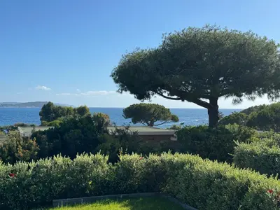 a bedroom with a bed and a large window at Proche porticcio, Coup de cœur asuré,Appartement de standing, rez de villa 6 couchages, climatisé à 150m de la plage, terrains de tennis in Grosseto-Prugna
