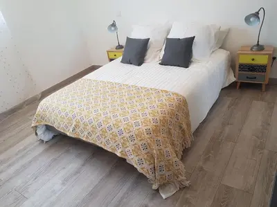 a bedroom with a bed with a blanket on it at Maison T3, 50m de la mer, cadre reposant in Santa-Lucia-di-Moriani