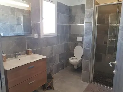 a bathroom with a toilet and a sink and a shower at Maison T3, 50m de la mer, cadre reposant in Santa-Lucia-di-Moriani