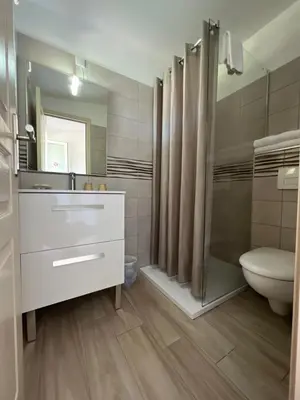 a bathroom with a sink and a toilet and a shower at Hôtel les jardins de Sta Giulia avec piscine in Porto-Vecchio