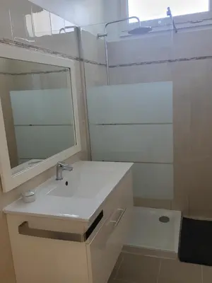 a bathroom with a sink and a mirror at Maison jumelée clôturée in Linguizzetta