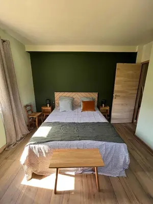 a bedroom with a large bed and a green wall at Magnifique! Idéal! in Grosseto-Prugna