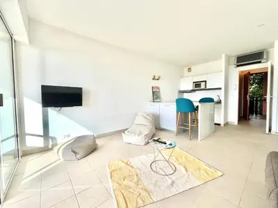 a living room with a couch and a table at Studio Cosy à 50m de la plage avec Parking - Résidence ARIA MARINA route des sanguinaires in Ajaccio