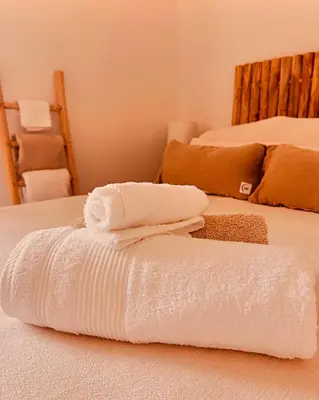 two towels are sitting on top of a bed at bergerie-ucaseddu in Zonza