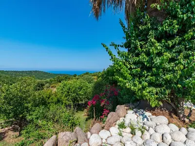 a garden with rocks and a tree and the ocean at Holiday Home Campestra by Interhome in Coti-Chiavari