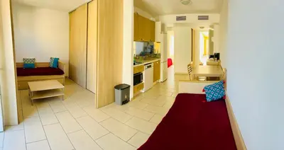 a kitchen with a red rug on the floor at Appartement Vue Mer in Sari Solenzara