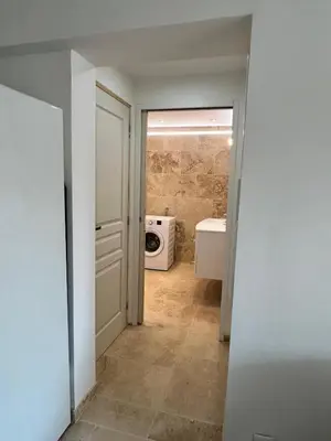 a bathroom with a washer and dryer in a room at La maison du Soleil in Porticcio
