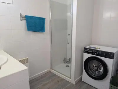 a washing machine in a bathroom with a glass shower at Appartement T2 bord de plage in Sartène