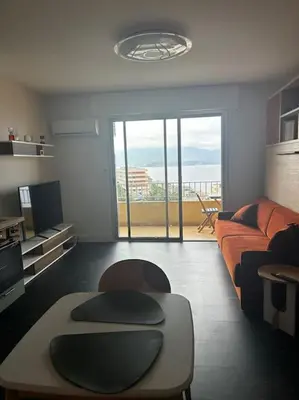 a living room with a couch and a table at Studio climatisé belle vue mer in Ajaccio