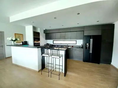 a kitchen with a black refrigerator and a counter at Casa di l'Alivi - Villa avec vue exceptionnelle in Propriano