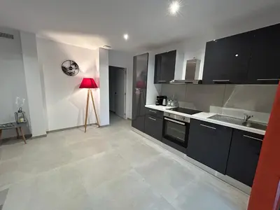 a kitchen with black cabinets and a red lamp at Casa Mya in Porto-Vecchio