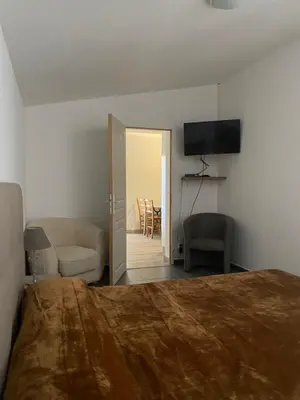 a bedroom with a bed and a television and a chair at Résidence 
