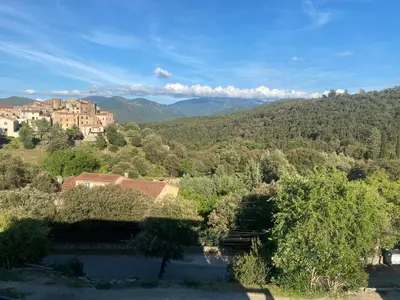 a view of a town and a river with trees at Villa in Piedigriggio
